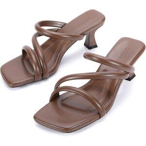 Trakxy Women Brown Square Toe Kitten Heels Open Toe Cross Strappy Party Sandals